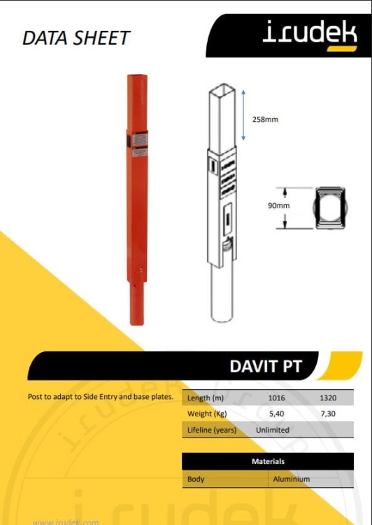 Słupek aluminiowy systemu Davit Irudek, 1320 mm, 280 kg, EN 795 B - zdjęcie 2