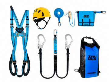 Zestaw bezpieczeństwa Irudek GANBOA 20 m – uprząż, kask, amortyzator, linia życia i worek 40 l - kask żółty