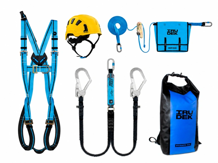 Zestaw bezpieczeństwa Irudek GANBOA 20 m – uprząż, kask, amortyzator, linia życia i worek 40 l - kask żółty