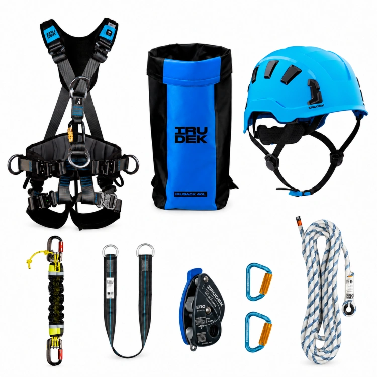 Zestaw ratowniczy IRUDEK RK1 50 m – EXPERT 3 PRO i OREKA II VENT — kask niebieski, cały zestaw