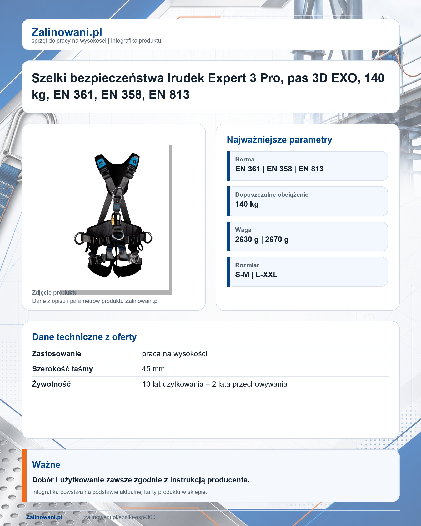 Infografika produktu: Szelki bezpieczeństwa Irudek Expert 3 Pro, pas 3D EXO, 140 kg, EN 361, EN 358, EN 813