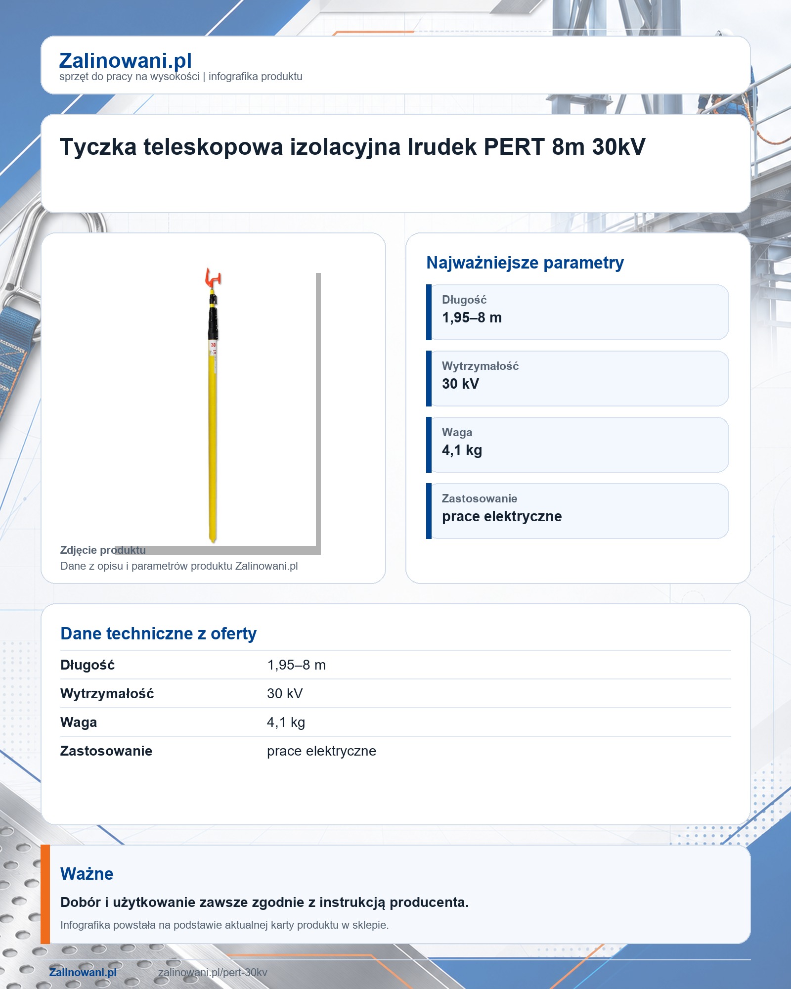 Infografika produktu: Tyczka teleskopowa izolacyjna Irudek PERT 8m 30kV