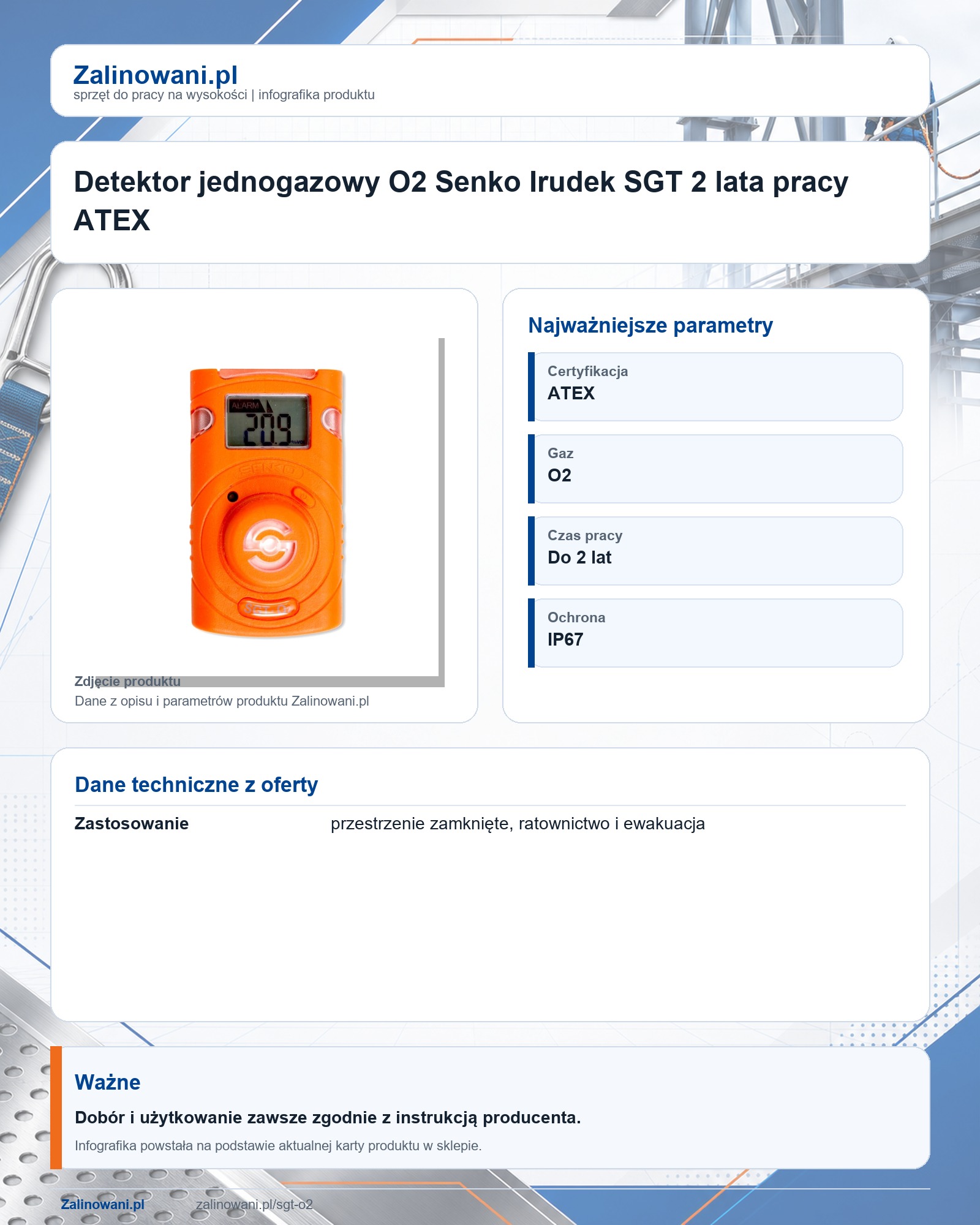 Infografika produktu: Detektor jednogazowy O2 Senko Irudek SGT 2 lata pracy ATEX