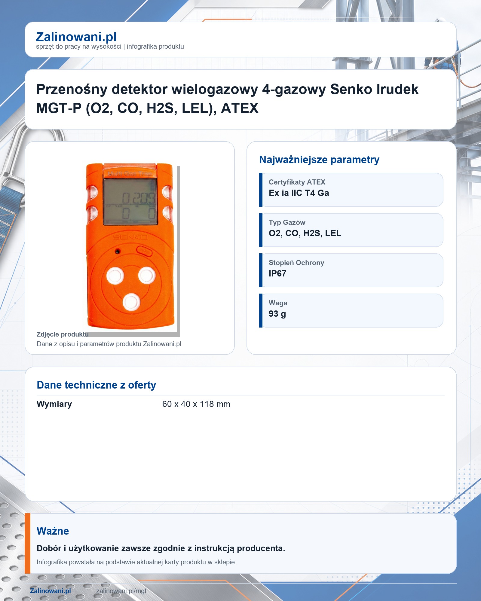 Infografika produktu: Przenośny detektor wielogazowy 4-gazowy Senko Irudek MGT-P (O2, CO, H2S, LEL), ATEX