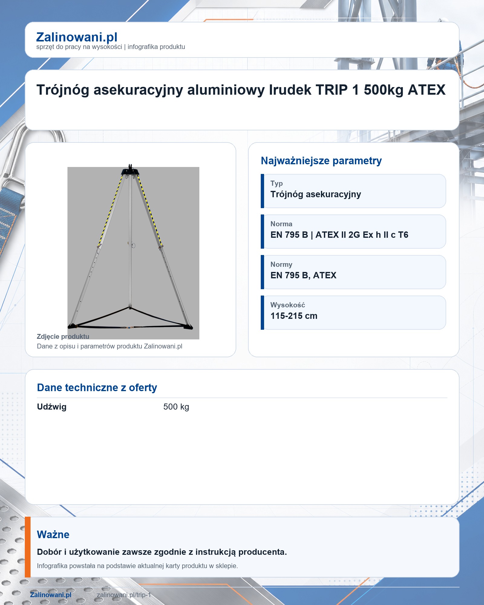 Infografika produktu: Trójnóg asekuracyjny aluminiowy Irudek TRIP 1 500kg ATEX